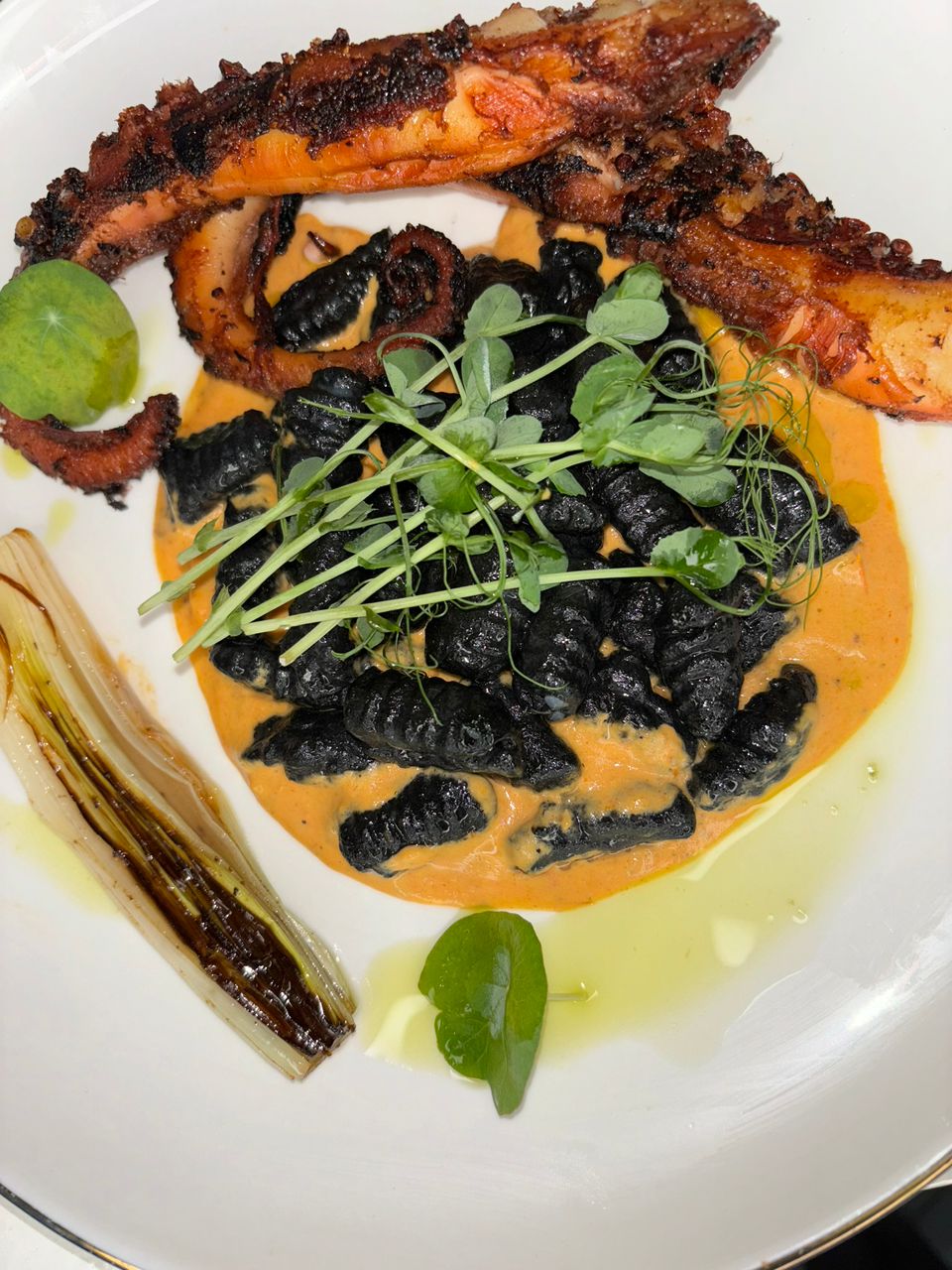 Poulpe grillé et gnocchis à l’encre de seiche